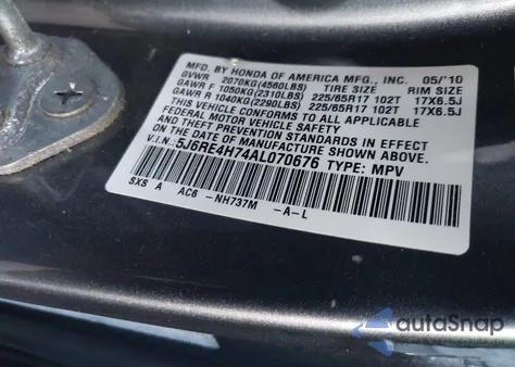 2010 Honda Cr-V Ex-L from USA, damaged, VIN 5J6RE4H74AL070676